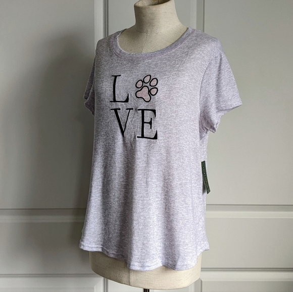 Laura Ashley PJ Set Short Sleeve Tee Shorts Embroidered Love Paw Grey Pink L NWT - Picture 7 of 11